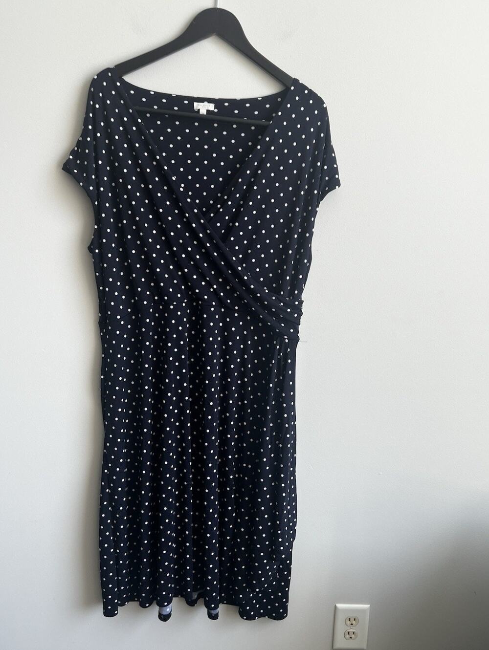 Talbots Dress Plus Navy White Polka Dots Sleeve Faux Wrap 1X